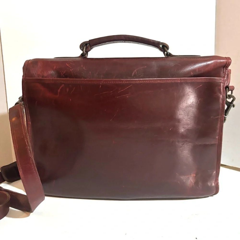 Vintage unisex distressed Leather burgundy briefcase messenger work travel bag
